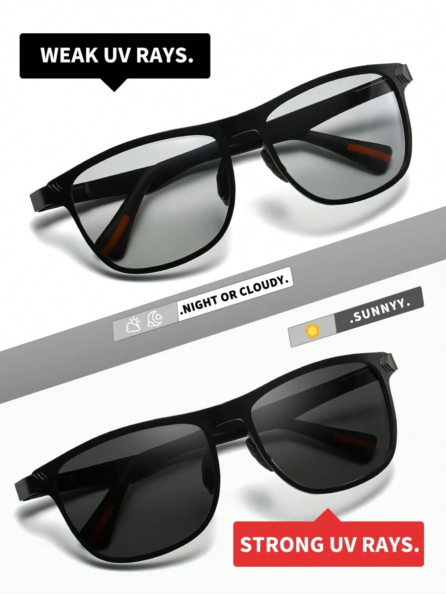 Retro Square Metallic Day And Night Dual-Use Polarized Photochromic Sunglasses, Classic Fashion Accessory For Outdoor Sports, Riding, Traveling, Beach, Vacation, Driving, Fishing, UV Protection Glasses Casual Sunglasses Sun Glasses Beach Accessories Sun Glasses Sunglasses Shades For Summer Beach Vacation,Outdoor,Travel - Black - View 1