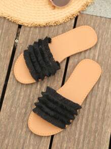 PrStep Women's Resort-Style Flat Black Panelled Fringed Sandals - Black - View 2