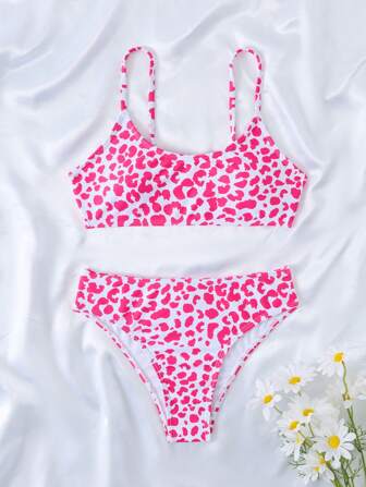 Tween Girl Cute Leopard Print Two-Piece Bikini Set