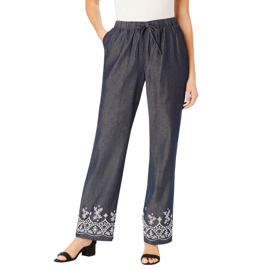 Woman Within Women's Plus Size Petite Drawstring Denim Wide-Leg Denim Pant - 石洗邊框 - 查看 1