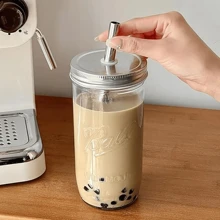 1PC,Large-Capacity Heat-Resistant Clear Glass Cup With Lid And Straw Boba Milk Tea Glasses Coffee Mug Juice Cold Drink Cup