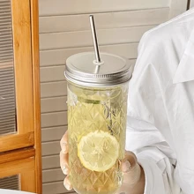 1PC,Large-Capacity Heat-Resistant Clear Glass Cup With Lid And Straw Boba Milk Tea Glasses Coffee Mug Juice Cold Drink Cup