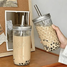 1PC,Large-Capacity Heat-Resistant Clear Glass Cup With Lid And Straw Boba Milk Tea Glasses Coffee Mug Juice Cold Drink Cup