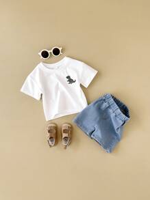 嬰兒男孩2件套裝，休閒恐龍刺繡短袖T卹和牛仔短褲夏季裝 - 綠色 - 查看 6