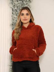 Casaco Teddy Blusa De Frio Com Pelinhos Manga Longa Bolsos Na Frente Inverno Jaqueta Feminina - Chocolate - Visão 1
