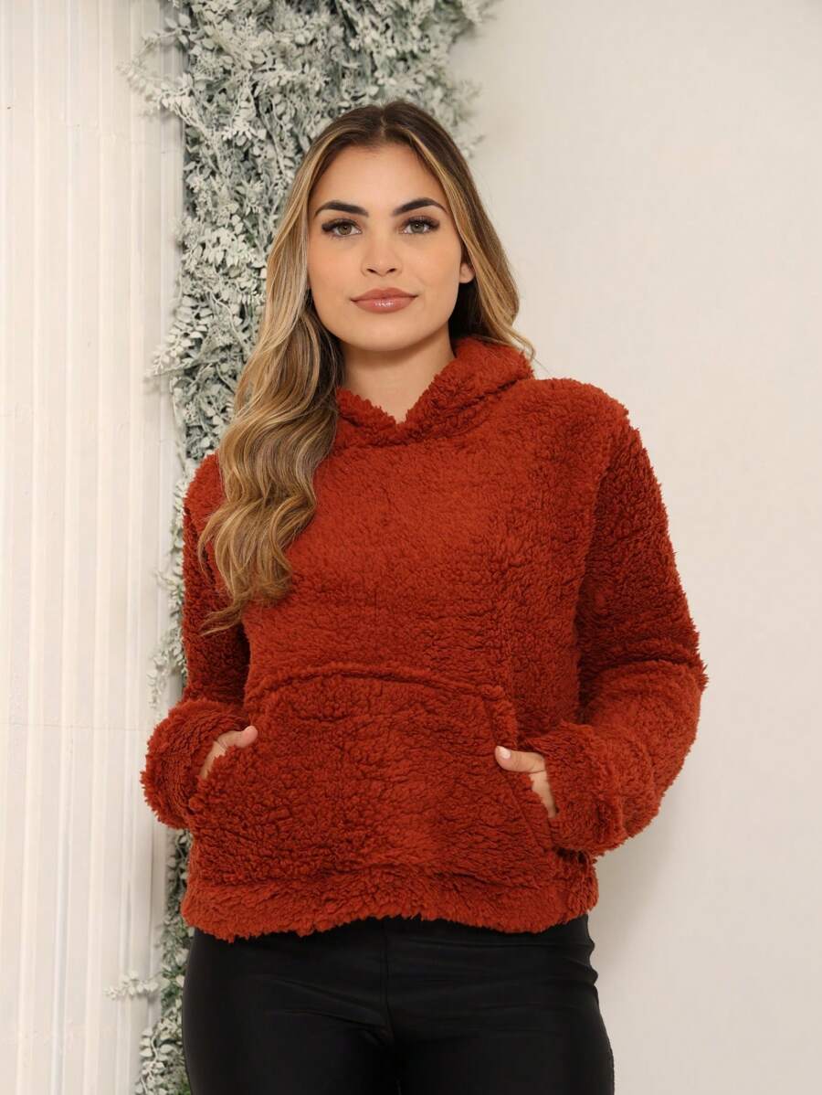 Casaco Teddy Blusa De Frio Com Pelinhos Manga Longa Bolsos Na Frente Inverno Jaqueta Feminina - Chocolate - Visão 1