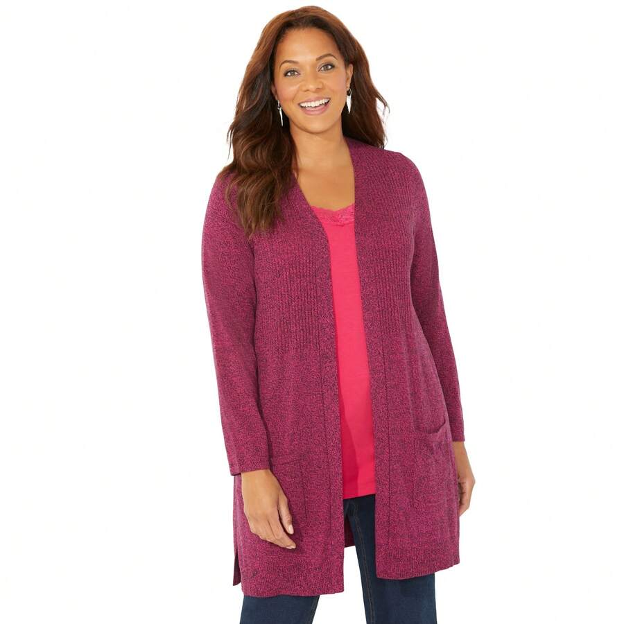 Catherines Women's Plus Size Marled Sweater Cardigan - 明亮的覆盆子色 - 查看 1