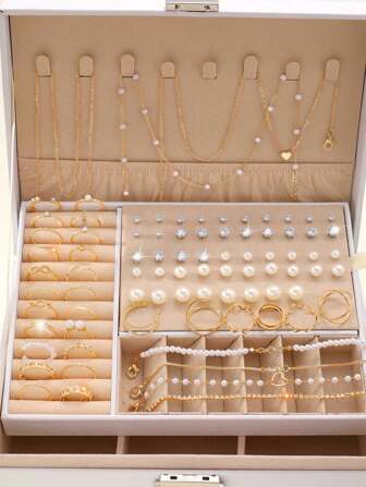 Juego de 54 piezas de joyas vintage elegantes con colgantes de perlas falsas, corazón y hueso de serpiente, pendientes, anillos y pulseras para niñas, regalo del Día de la Madre (sin caja)