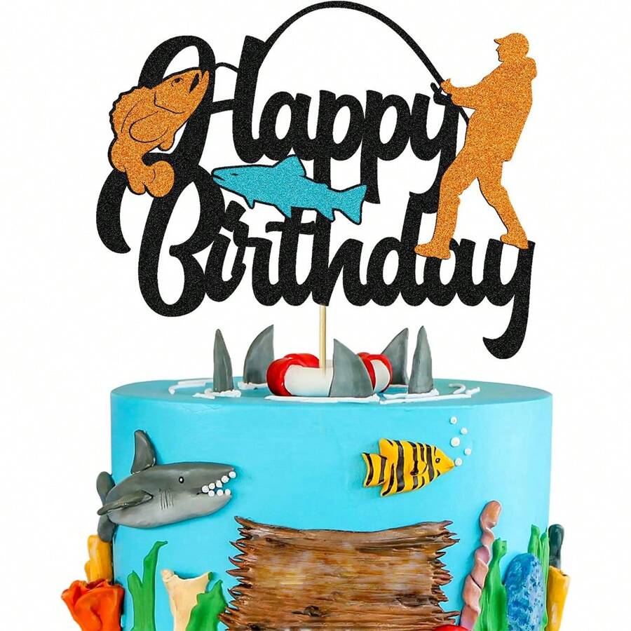 1 Packung "Gone Fishing"-Kuchendekoration "Happy Birthday", Fischer-Kuchenaufsatz, Fischer-Themen-Dekoration für Gone Fishing-Party-Zubehör, Dekoration, Weihnachten