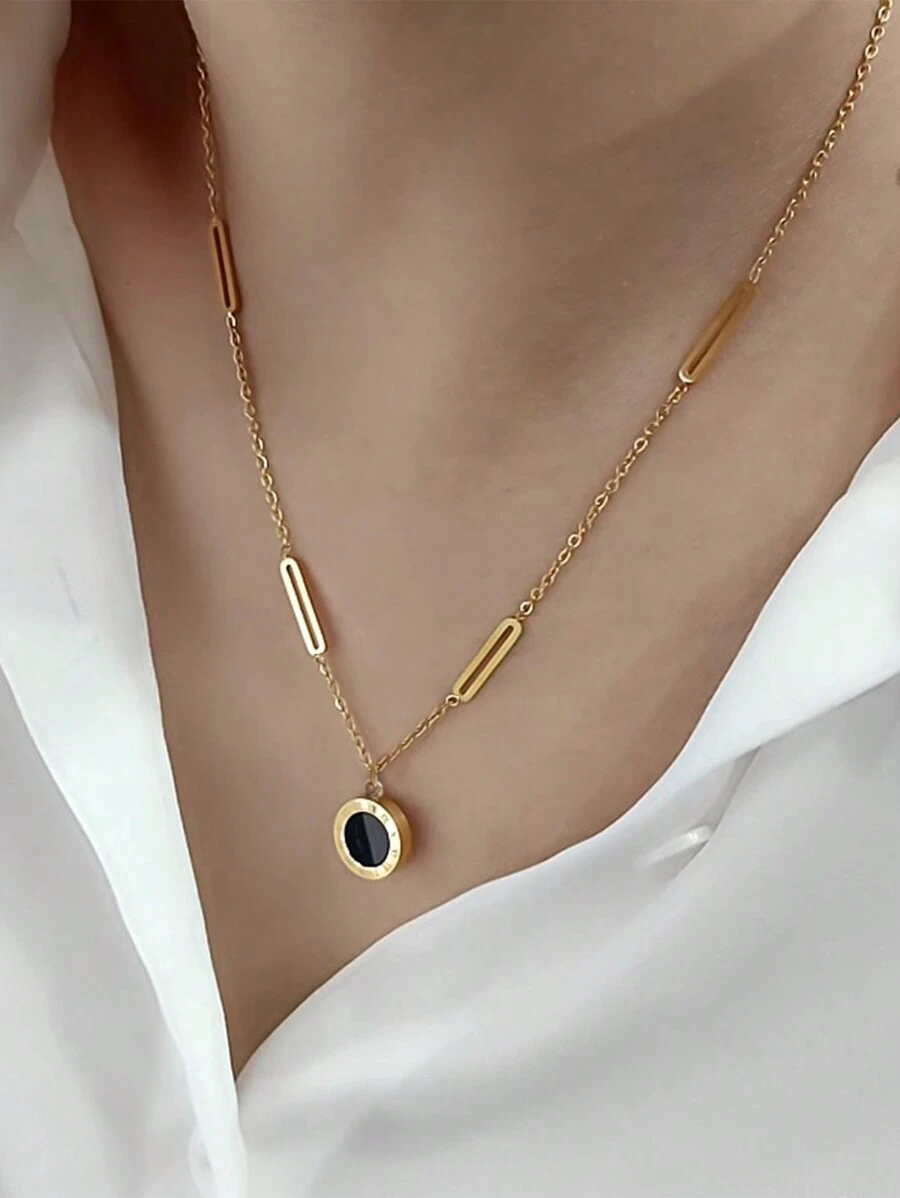 Nooxian 1 Miếng Vàng Đồ trang sức Tính hai mặt Đen & Trắng lột vỏ Vòng cổ bằng thép không gỉ Với Vàng Kim băng an toàn & Chữ số La mã Vật rủ xuống - Nhiều màu - Xem 1