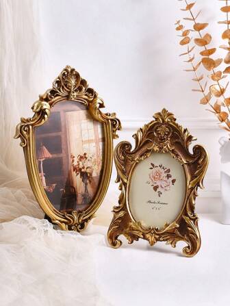 1pc European Classical Style Golden Lace Oval Shaped Decorative Picture Frame, With A Random Mat, For Home Decoration And Photo Display Gifts Birthday Graduation