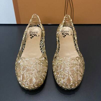 女式夏季鏤空平底水晶果凍鞋,不露趾,柔軟沙灘涼鞋