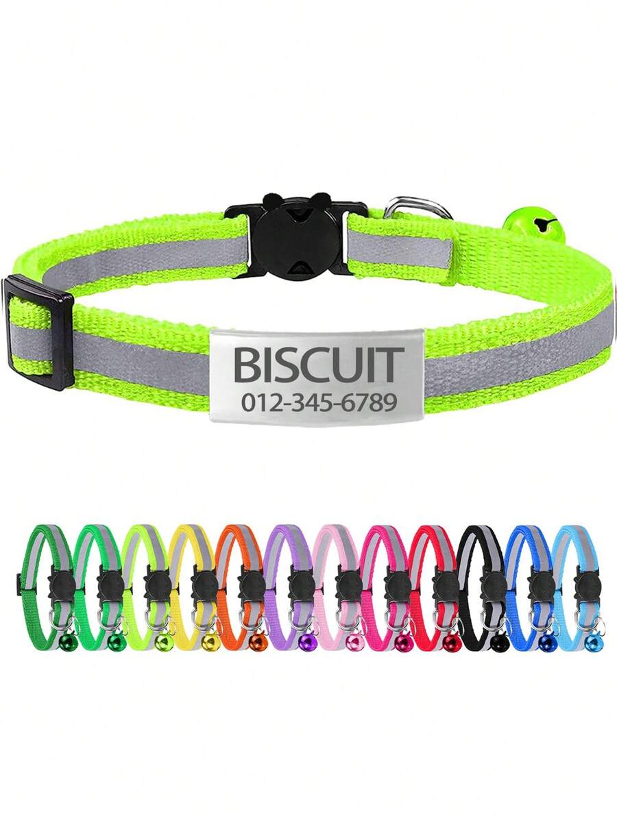 1pc Customized Reflective Pet Collar With Cartoon Anti-Choking Buckle + Bell, Adjustable, Suitable For Female/Male Cats Within 5kg, Daily Use - Green - View 1