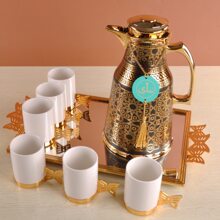 Cafetera térmica de 1000 ml, Body de acero inoxidable de doble pared con patrón dorado, interior de PP, forro interior de vidrio, botella térmica de forma única que mantiene caliente hasta 12 horas/fría hasta 24 horas, servidor/dispensador de café, vuelta al colegio