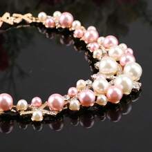 1pc Fashionable Beaded Pink & White Faux Pearl & Rhinestone Jewelry Set, Including Necklace, Bracelet, Earrings, Ring, Perfect For Women Wedding Party Accessories & Gift