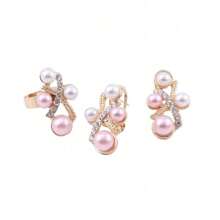1pc Fashionable Beaded Pink & White Faux Pearl & Rhinestone Jewelry Set, Including Necklace, Bracelet, Earrings, Ring, Perfect For Women Wedding Party Accessories & Gift