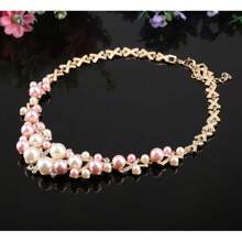 1pc Fashionable Beaded Pink & White Faux Pearl & Rhinestone Jewelry Set, Including Necklace, Bracelet, Earrings, Ring, Perfect For Women Wedding Party Accessories & Gift
