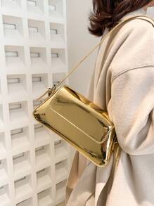 Fashionable Solid Color Glossy Crossbody Shoulder Bag For Women - Gold - View 3