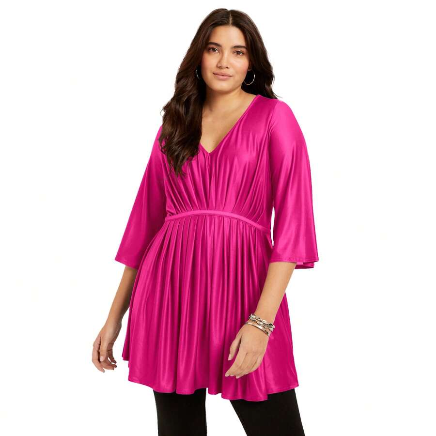 June + Vie Women's Plus Size Empire Waist Tunic - MÀU HỒNG RỰC RỠ - Xem 1