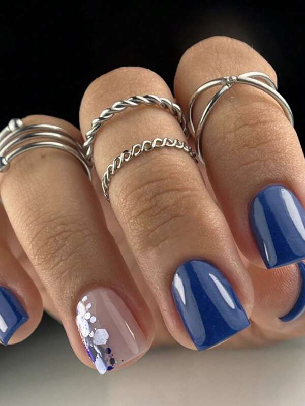 Instantly Upgrade Your Look With 24pcs Middle Squre Simple Elegant Shiny Sequins In Klein Blue Full Cover Detachable Push Fake Nail For Women And Girls For Women And Girls Nail Salon With 1 Piece Of Jelly Gel And 1 File Strip Jelly Glue Is Rangomly Shipped Press On Nails