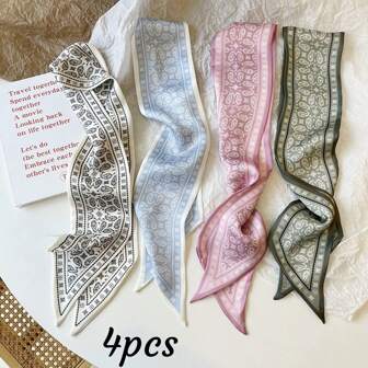 Set de 4 piezas/1 pieza Cinta para el cabello/Pañuelo de lazo largo estampado, accesorios combinables para bolsos y ropa, adecuado como regalo, el pañuelo tiene aperturas cosidas previamente para artesanía normal. Bandana