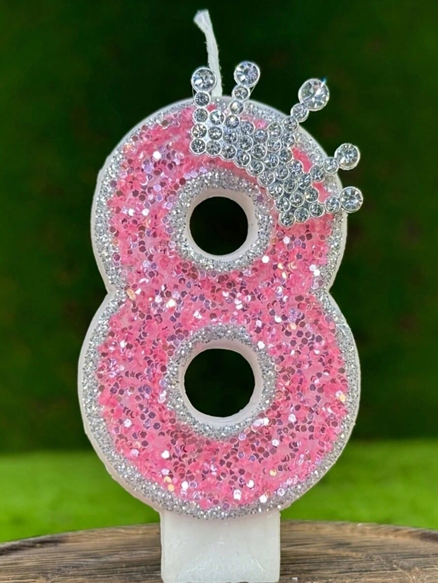 1pc Digital Birthday Candle In Pink, With Princess Crown Design Cake