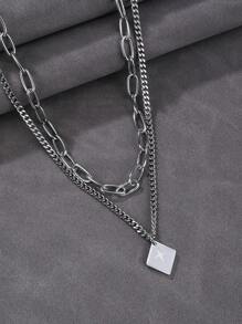 2pcs Hip-Hop Style Square Starburst Embossed Pendant Layered Chain Necklace, Men's Stainless Steel Jewelry, Daily Street Party Holiday Gift Accessory - Silver - View 2