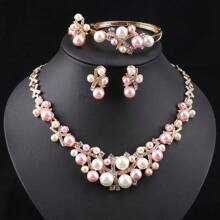 1pc Fashionable Beaded Pink & White Faux Pearl & Rhinestone Jewelry Set, Including Necklace, Bracelet, Earrings, Ring, Perfect For Women Wedding Party Accessories & Gift