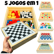 Jogos de Mesa 5x1 Xadrez, Dama, Ludo, Trilha, Jogo da Velha Educativos Jogos Clássicos Toy Trade Oficial