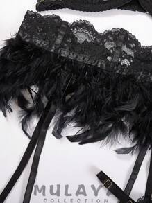 Conjunto De Lencería De Encaje Sexy Para Mujer Que Incluye Sujetador Con Aros, Tanga, Liguero Y Un Par De Anillos De Pierna - Negro - Ver 5