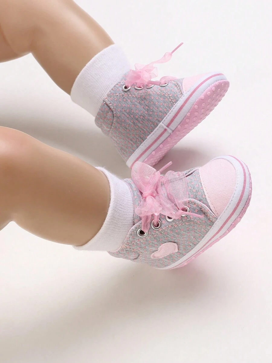 女童蝴蝶結心形設計平底休閒鞋，適用於全年四季 - 粉色 - 查看 1