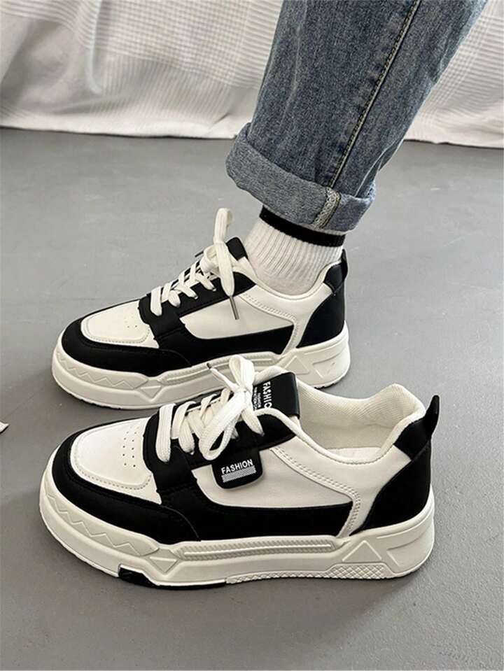 Women Fashionable Black And White Colorblock Lace Up Sneakers With Round Toe Low Cut