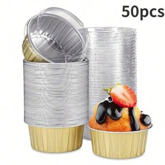 10/20/50 件铝箔纸杯蛋糕烘焙杯套装耐热迷你蛋糕松饼模具带盖一次性锡箔布丁甜点容器非常适合婚礼生日派对厨房用具。
