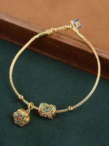 1pc Vintage Gold Plated Turquoise Lotus Adjustable Bracelet, Elegant Retro Palace Style Jewelry Suitable For Women's Daily Wear (Shipped Without Box)