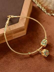 1pc Vintage Gold Plated Turquoise Lotus Adjustable Bracelet, Elegant Retro Palace Style Jewelry Suitable For Women's Daily Wear (Shipped Without Box)