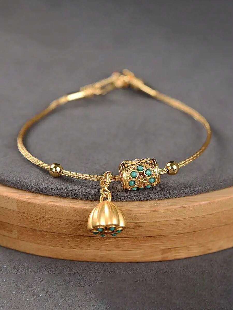 1pc Vintage Gold Plated Turquoise Lotus Adjustable Bracelet, Elegant Retro Palace Style Jewelry Suitable For Women's Daily Wear (Shipped Without Box)