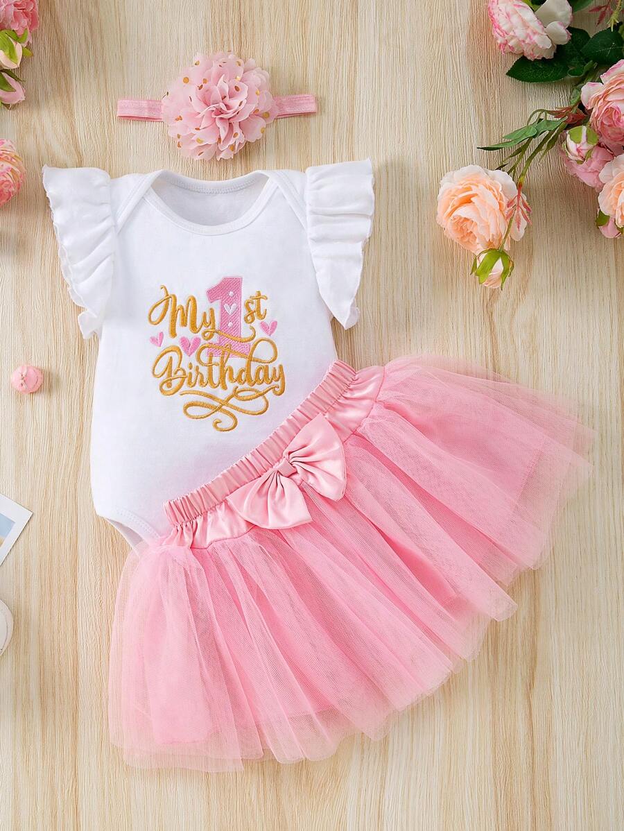 女婴生日 3 件套服装：刺绣字母连体衣、蝴蝶结薄纱裙、发饰、适合庆祝、拍照、派对的可爱服装 - 粉色 - 查看 1