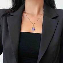 1pc Fashionable Sweet Cat Eye Stone And Rhinestone Decor Tulip Flower Necklace, Versatile Clavicle Chain For Girls And Women To Wear On Parties, Festivals, Weddings And Daily Occasions - Purple - View 6