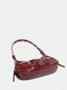 1 pieza Bolso de hombro con solapa plegada, cierre con cremallera y remaches vintage rojos decorativos, correa ajustable para uso diario de mujeres, de negocios casuales, perfecto para oficina, negocios y trabajo, bolso burdeos de moda para San Valentín