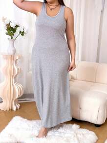 Women's Elegant Homewear Dress, Plus Size Long Solid Color Round Neck Comfortable Strap Loose Casual Pajamas Nightgown 1pc