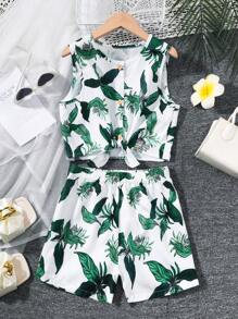 Tween Girl Casual Fashionable Tropical Print Short Sleeve T-Shirt & Shorts 2-Piece Outfit For Spring, Summer, And Autumn - Multicolor - View 3
