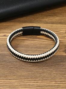 1個歐美男士磁扣手環，復古編織皮繩磁扣手鐲 - 黑與白 - 查看 3