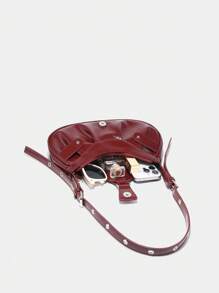 1 pieza Bolso de hombro con solapa plegada, cierre con cremallera y remaches vintage rojos decorativos, correa ajustable para uso diario de mujeres, de negocios casuales, perfecto para oficina, negocios y trabajo, bolso burdeos de moda para San Valentín