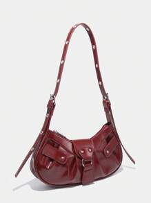 1 pieza Bolso de hombro con solapa plegada, cierre con cremallera y remaches vintage rojos decorativos, correa ajustable para uso diario de mujeres, de negocios casuales, perfecto para oficina, negocios y trabajo, bolso burdeos de moda para San Valentín