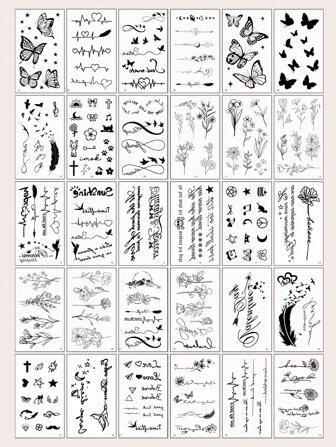 30 Creative And Exquisite Temporary Tattoo Stickers With Black Butterfly Flowers And Text Design, Suitable For Fingers, Wrists, And Small Body Parts