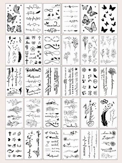 30 Creative And Exquisite Temporary Tattoo Stickers With Black Butterfly Flowers And Text Design, Suitable For Fingers, Wrists, And Small Body Parts