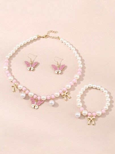 4pcs Princess Style Children's Jewelry Set - Butterfly Pendant, Earrings, Faux Pearl Necklace & Bracelet