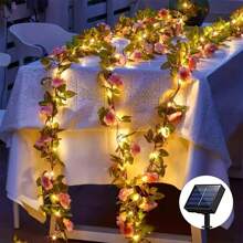 1pc 2m/78.7in Solar Powered Artificial Rose Decorative String Light, Solar Flower String Light, Atmospheric Artificial Flower Vine, For Home, Bedroom, Party, Holiday, Wedding, Christmas, Yard, Gifts, New Year, Birthday, Valentine's Day. All-Season Decorations.