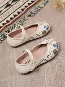 1pair Girls 2024 New Spring/Summer Chinese Embroidered PU Shoes With Pearl Decoration, Closure, Retro & Casual - Beige - View 5