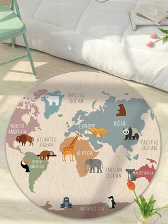 1pc Cartoon Style Round Plush Carpet, Anti-Slip Thick Washable Rug Suitable For Living Room, Bedroom